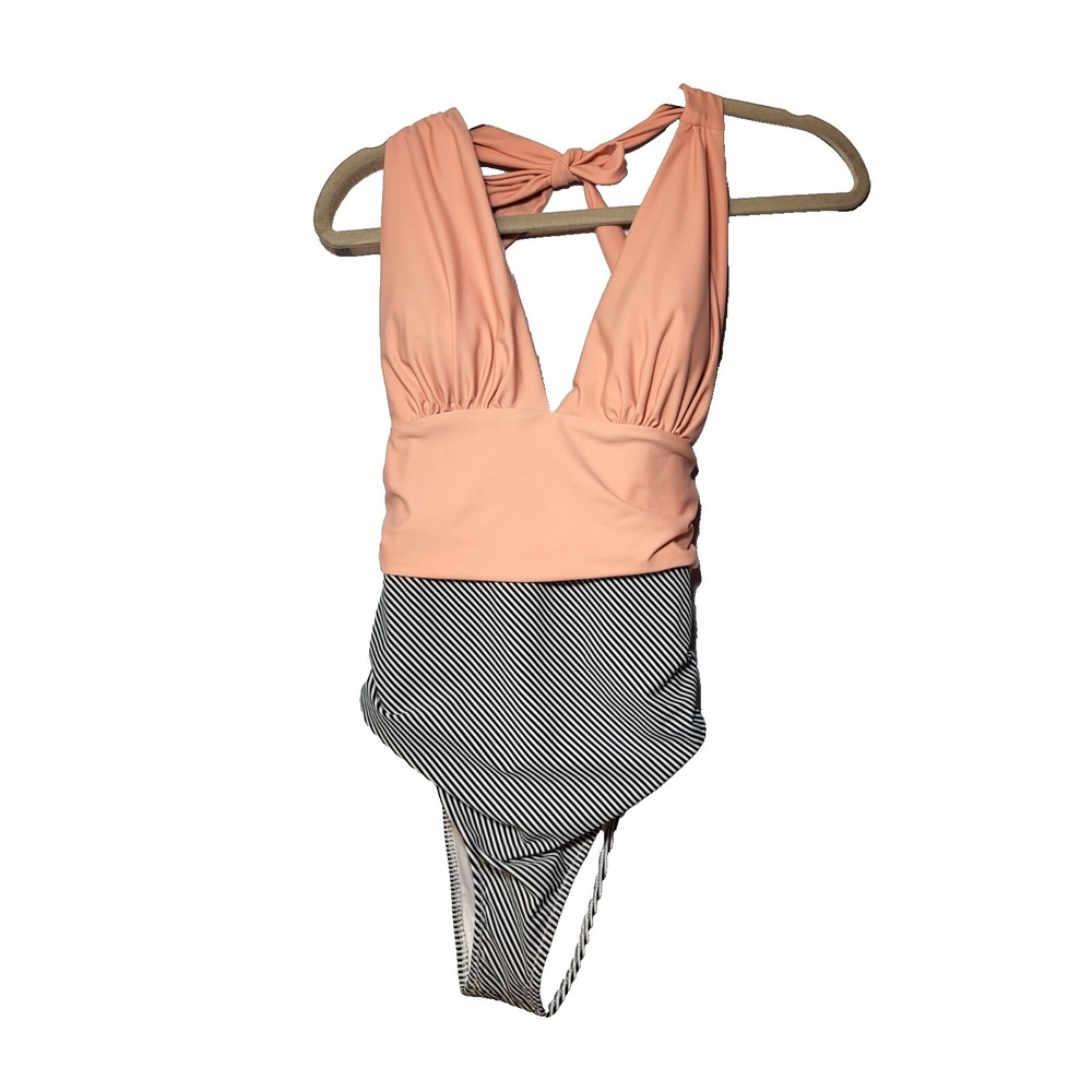 Cupshe Halter 1 Piece Ruched Sides Peach/Black-White Stripe Swimsuit Size Medium